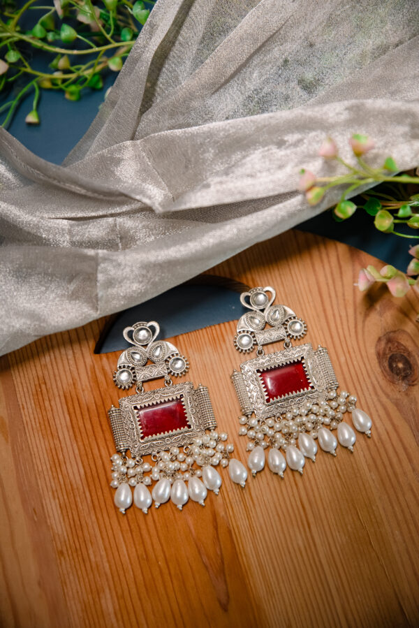 Red Stone Silver Earrings - Image 2