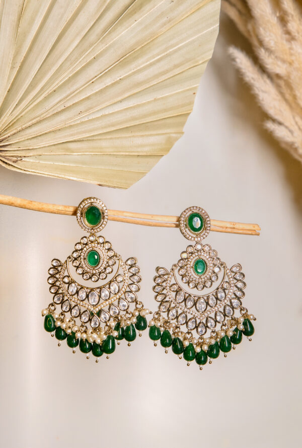 Emerald Green Kundan Chandbali Earrings - Image 2
