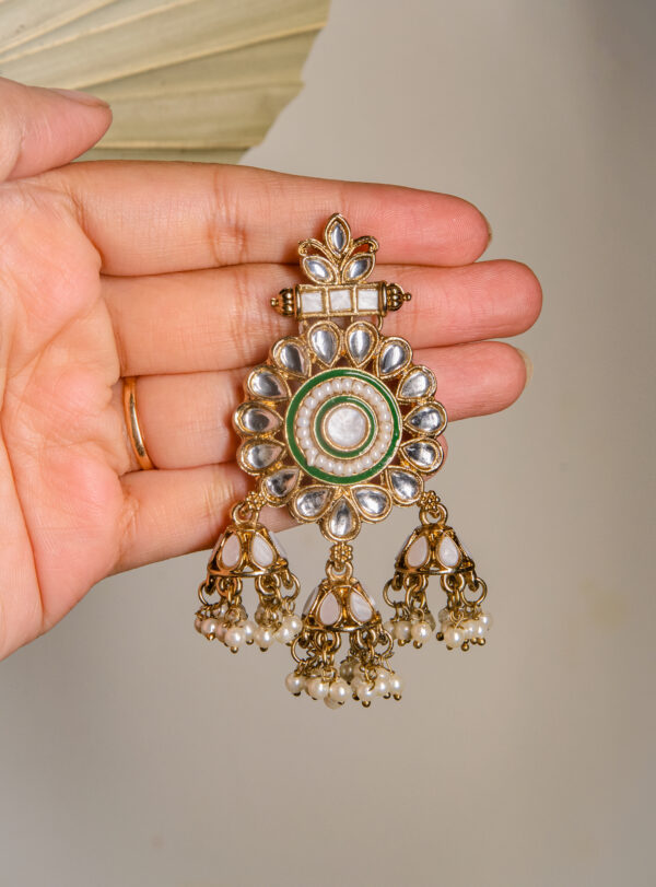 Pearl Kundan Jhumka Chandbali Earrings - Image 2