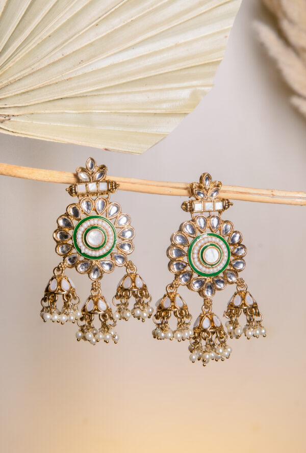 Pearl Kundan Jhumka Chandbali Earrings - Image 3