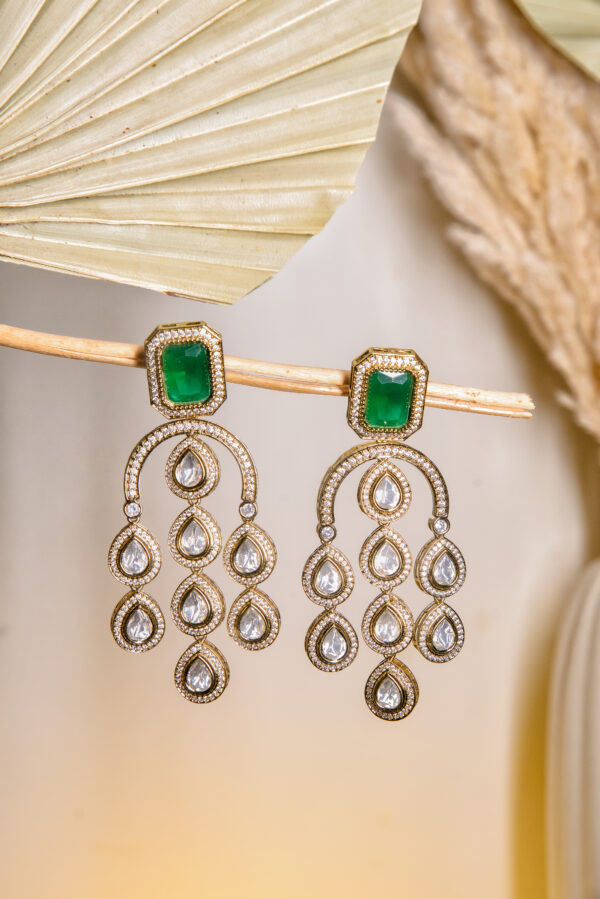 Emerald Green Kundan Dangler Earrings - Image 3