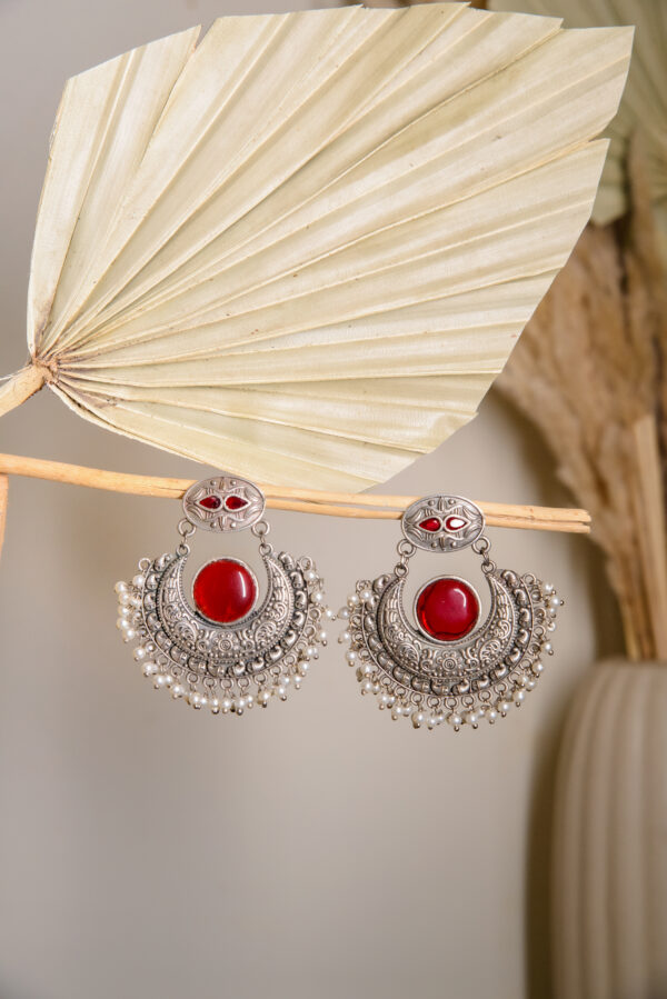 Red Stone Oxidized Crescent Earrings