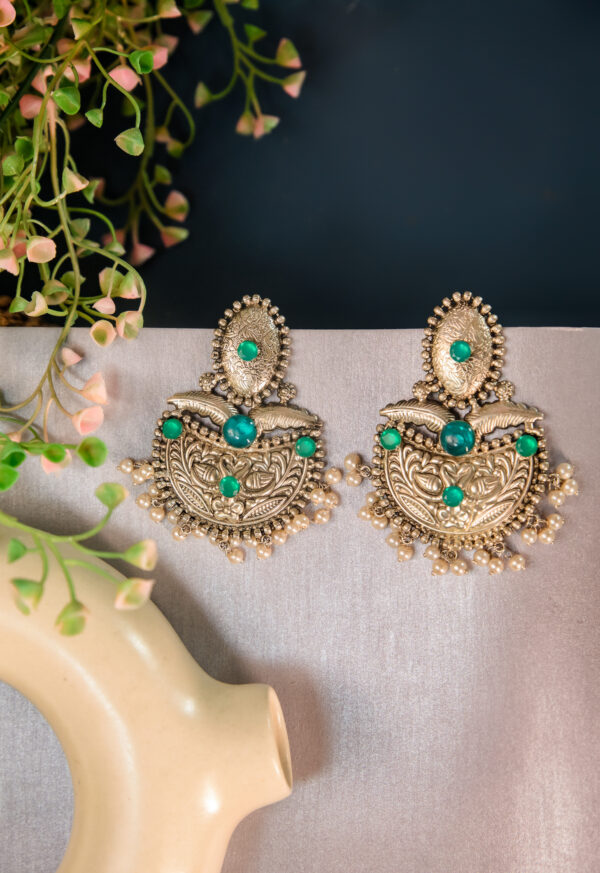 Floral Leaf Oxidised Earrings with Green Stones