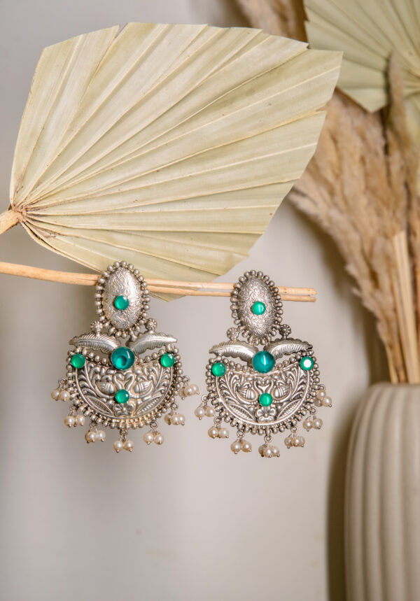 Floral Leaf Oxidised Earrings with Green Stones - Image 2
