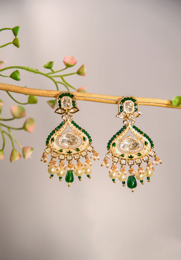 Green and Gold Pearl Drop Earrings - Image 2