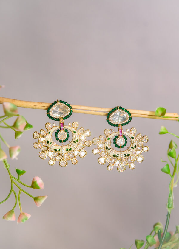 Green and Gold Floral Statement Kundan Earrings - Image 2