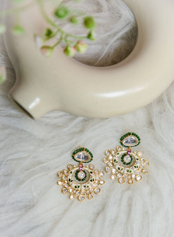 Green and Gold Floral Statement Kundan Earrings