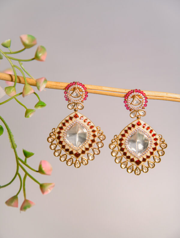 Red and Gold Kundan Stud Earrings - Image 2