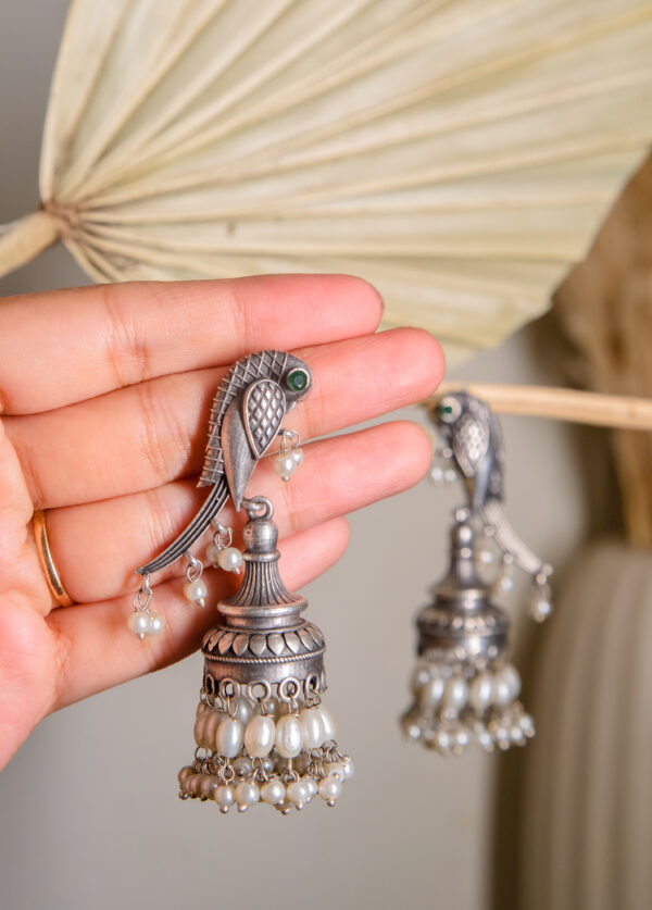 Antique Silver Parrot Jhumka Earrings