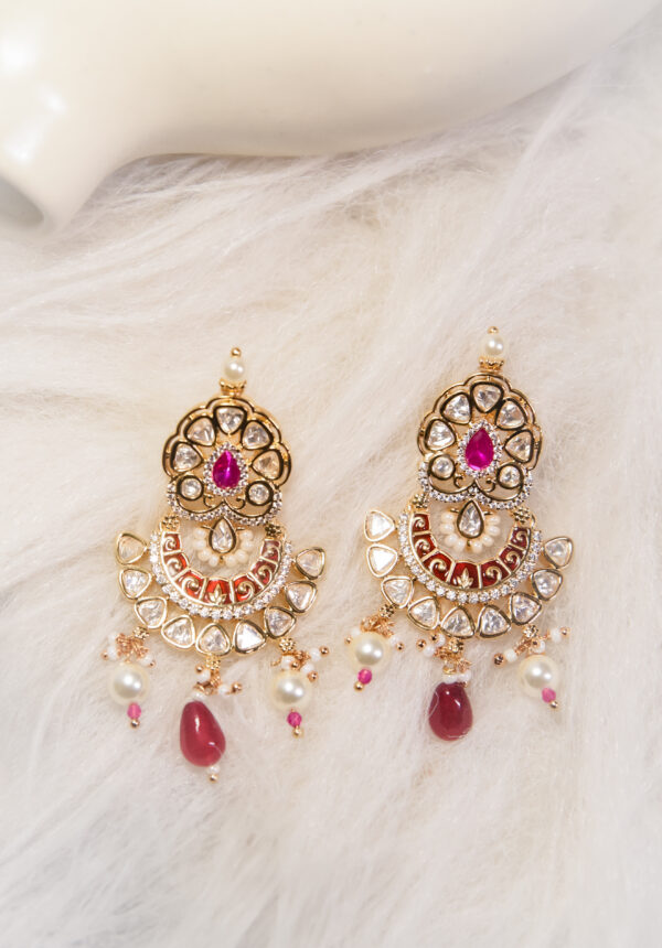 Pink Kundan Pearl Earrings - Image 3