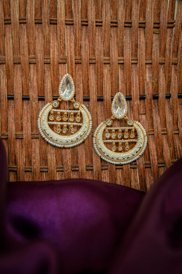 Golden and White Chandbali Earrings - Image 3