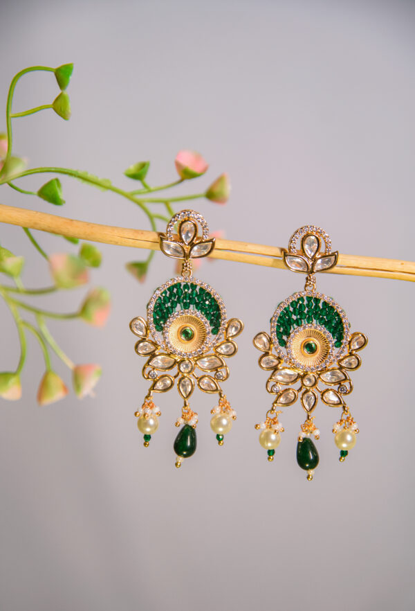 Peacock Charm Green Kundan Earrings - Image 2