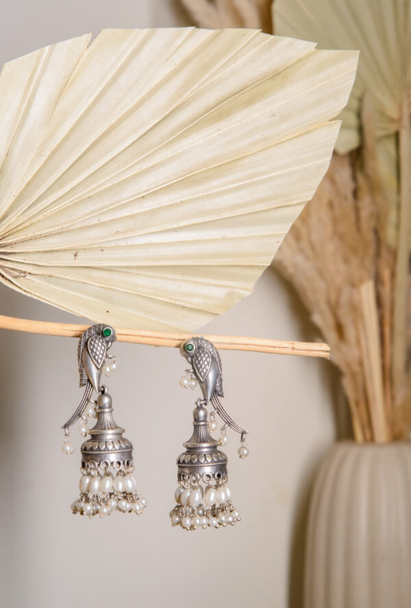 Antique Silver Parrot Jhumka Earrings - Image 3