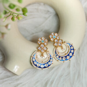 Blue and White Kundan Chandbali Earrings