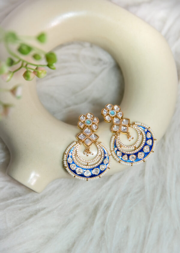 Blue and White Kundan Chandbali Earrings