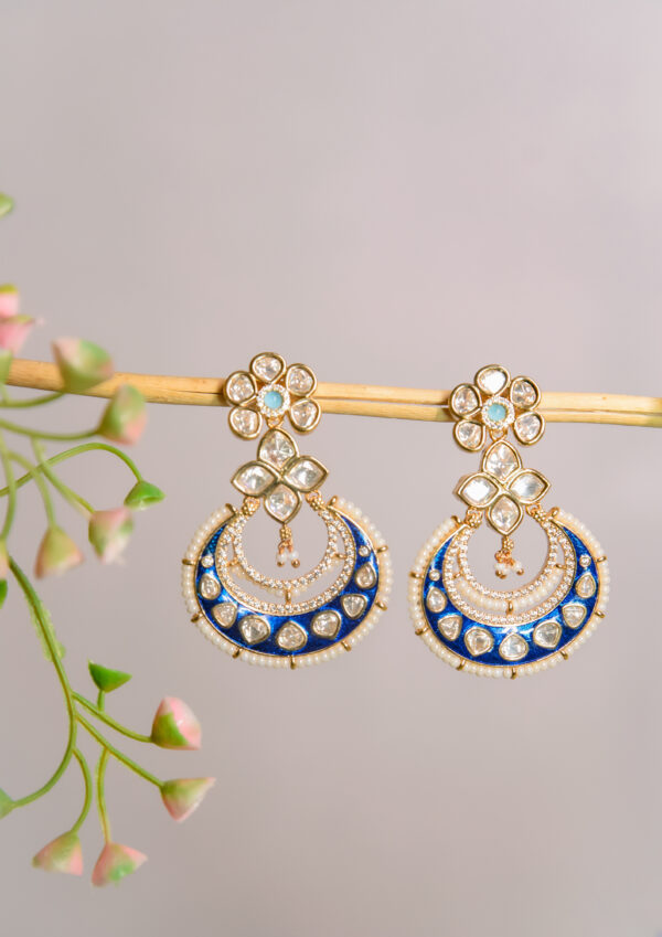 Blue and White Kundan Chandbali Earrings - Image 3