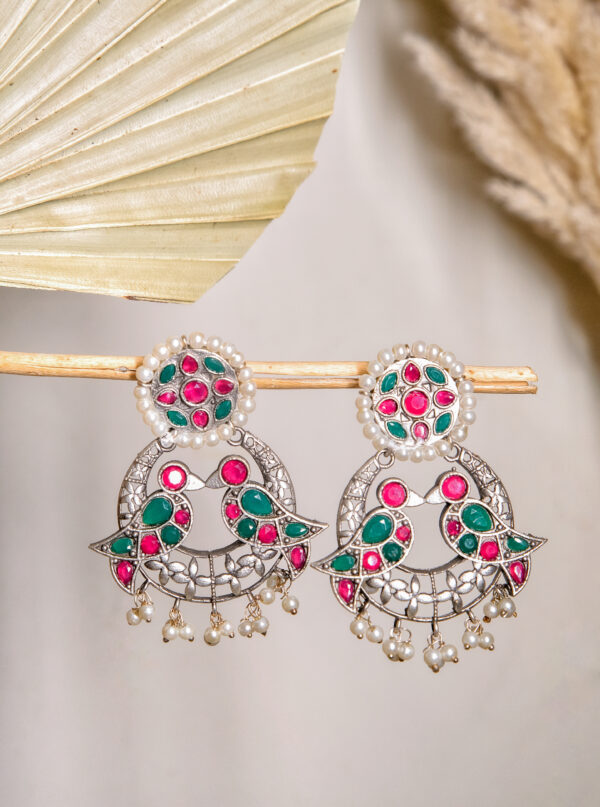 Colorful Love Birds Oxidised Earring - Image 3